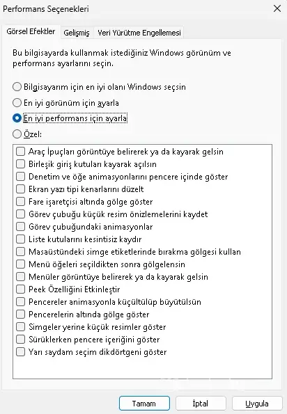 windows 11 Performans arttırma ayarları